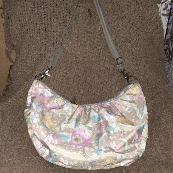 LESPORTSAC-Large Sling Hobo-Floral Pastel Gray-Shoulder/Xbody-Near Mint - Picture 1 of 8